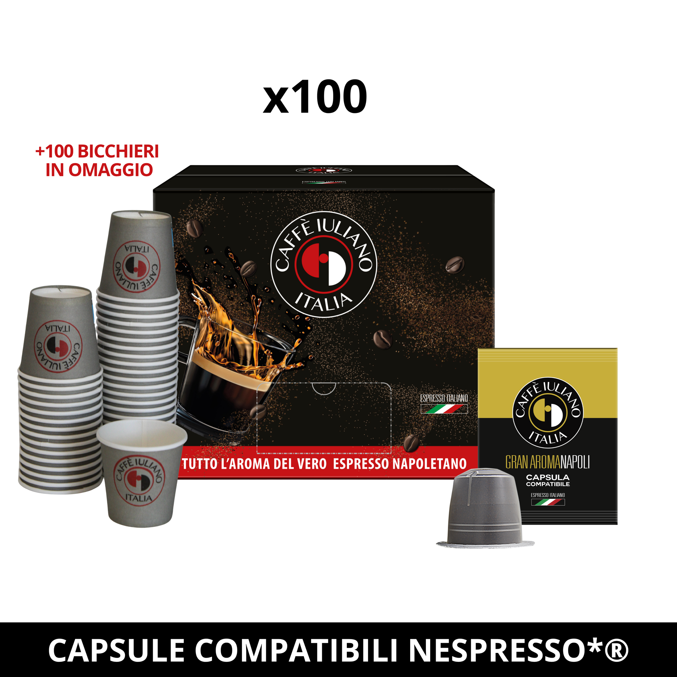 Caffè Iuliano  OMAGGIO 100 Bicchierini +  miscela Gran Aroma, 100 Capsule di Caffè, Compatibili con Macchine Nespresso®*