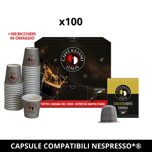 Caffè Iuliano  OMAGGIO 100 Bicchierini +  miscela Gran Aroma, 100 Capsule di Caffè, Compatibili con Macchine Nespresso®*